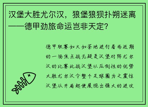 汉堡大胜尤尔汉，狼堡狼狈扑朔迷离——德甲劲旅命运岂非天定？