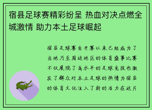 宿县足球赛精彩纷呈 热血对决点燃全城激情 助力本土足球崛起